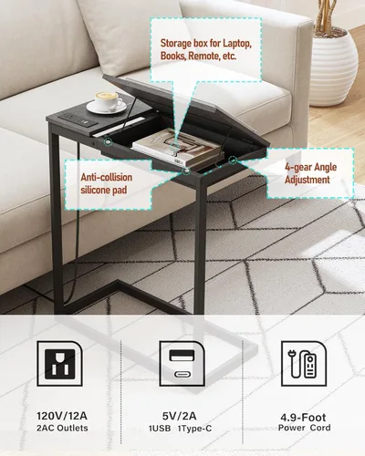Miniatura 5 de TUTOTAK Mesa auxiliar en forma de C con estación de carga, mesa auxiliar inclinable para computadora portátil, mesa debajo del sofá para sala