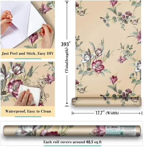 Miniatura 3 de 8190-10M - Papel tapiz vintage para despegar y pegar, 17.7 pulgadas x 32.8 pies, flores beige, papel de contacto extraíble, autoadhesivo