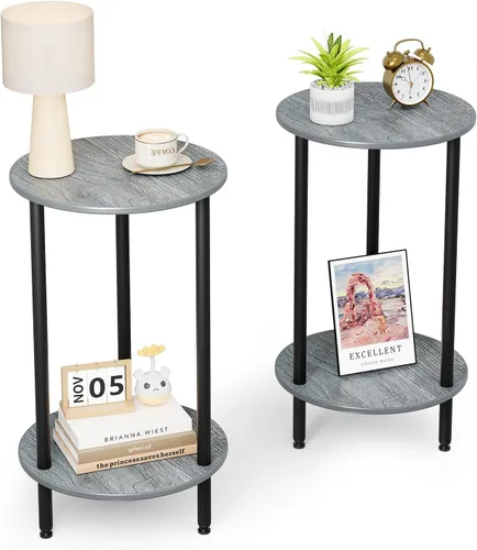 Miniatura 11 de Mesa auxiliar redonda pequeña, mesa auxiliar redonda negra, acento moderno de 2 niveles, mesa de noche para sala de estar, color negro