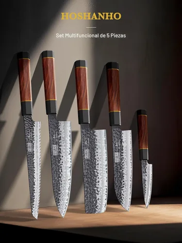 Miniatura 5 de HOSHANHO Juego de 5 cuchillos de cocina japoneses de acero de alto carbono, juego de cuchillos de chef profesionales ultra afilados con mango