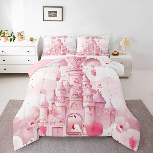 Feelyou Juego de edredón de castillo rosa para niños, tamaño individual, juego de ropa de cama de princesa para niños y niñas, inserto de edredón de