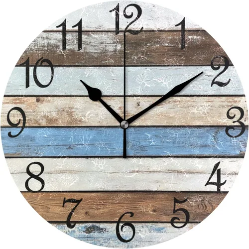 Miniatura 27 de Reloj de pared rústico retro con puerta de granero de madera, marrón, azul, funciona con pilas, silencioso, sin tictac, 10 pulgadas, reloj de mesa