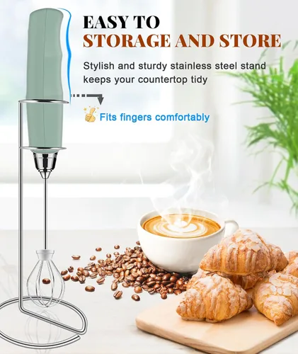 Miniatura 2 de YUSWKO - Espumador de leche de mano para café con soporte, mezclador de bebidas recargable con 3 cabezales, 3 velocidades, batidor eléctrico