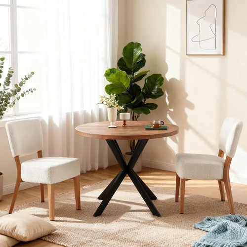 Miniatura 6 de Juego de 2 sillas de comedor tapizadas, modernas sillas de cocina apilables de tela de mediados de siglo con patas de metal de grano de madera