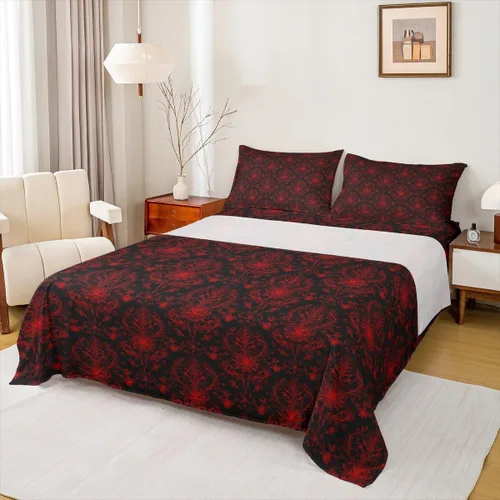 Miniatura 11 de Erosebridal Juego de sábanas de damasco con diseño floral, tamaño individual, gótico, rojo y negro, juego de sábanas de flores barrocas victorianas