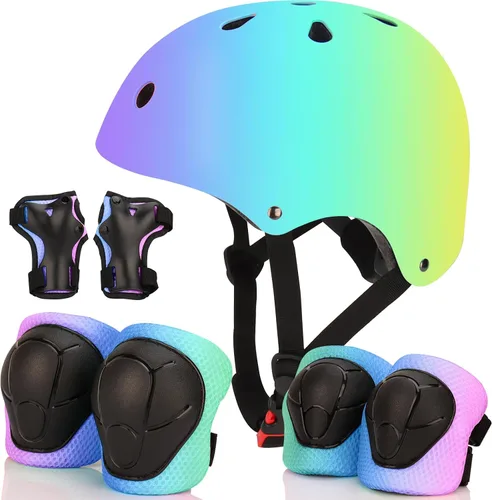 Miniatura 15 de Casco de bicicleta ajustable con gradiente de color y coderas y rodilleras - Casco para niños y niñas para patinaje, edades 3-14 Ideal