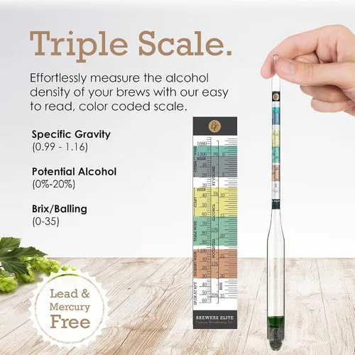Miniatura 2 de Brewer's Elite Hidrómetro para fabricación casera de cerveza, vino, hidromiel y kombucha, juego de medición triple, estuche rígido y paño, probador