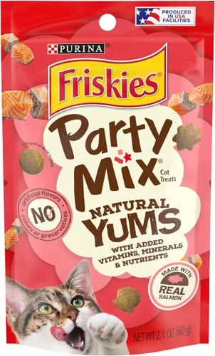 Purina Friskies Golosinas Naturales para Gatos, Party Mix Natural Yums con Salmón Real y Vitaminas, Minerales y Nutrientes - (Paquete de 10) Bolsas