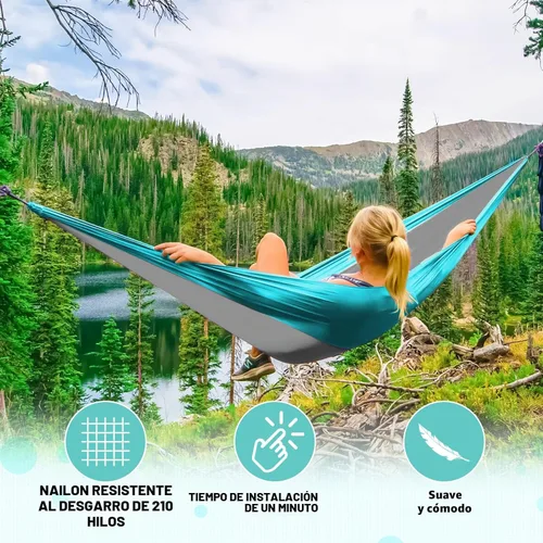 Miniatura 4 de SZHLUX Hamaca de camping doble e individual Hamacas portátiles con 2 correas para árboles y bolsa de transporte adjunta, ideal para exteriores, Gris