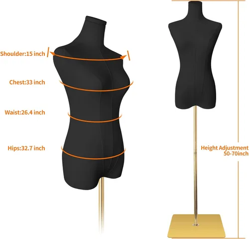 Miniatura 3 de Maniquí de forma de vestido para coser femenino de tela de lino negro con altura ajustable desmontable de 50 a 70 pulgadas, soporte de metal de alta