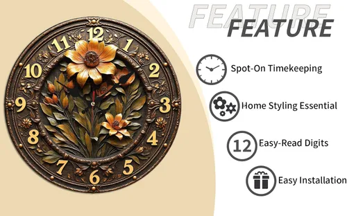Miniatura 9 de Reloj de pared de madera de flor ornamentada de bronce con detalle grabado en relieve 9.8x9.8 in