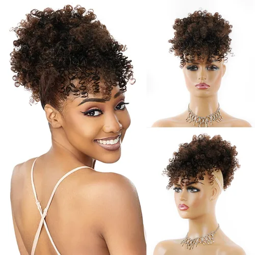 Miniatura 18 de Cola de caballo con cordón para mujeres negras Afro Puff Cola de caballo con cordón con flequillo Cola de caballo corta crespa y rizada Moño cola