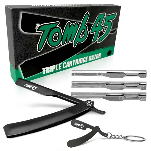 Tomb45 - Soporte para maquinilla de afeitar de triple cartucho | Mango de seguridad desechable para peluqueros | Agarre 100% de metal y 3 opciones
