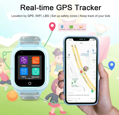 Miniatura 2 de LogHog Wonlex - Reloj inteligente 4G para niños y niñas de 4 a 12 años, reloj de bebé con tarjeta SIM, rastreador GPS, pantalla táctil, reloj de Azul