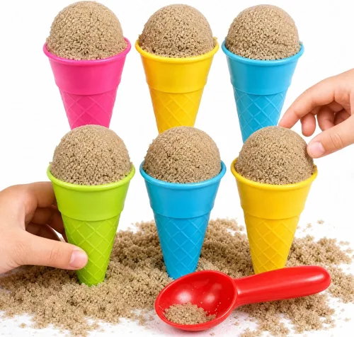 Toyvian 6 piezas de juguetes de arena de conos de helado de plástico para niños, juego de juguetes de arena de helado con cuchara de arena, cuchara