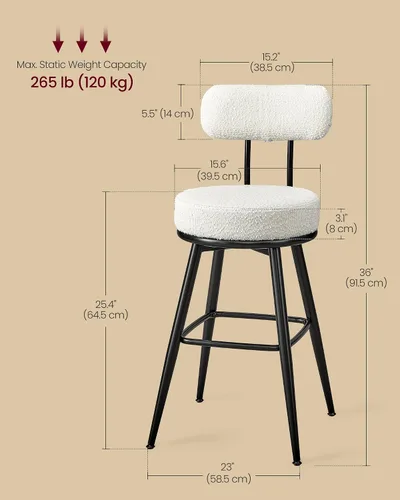Miniatura 3 de VASAGLE Juego de 2 taburetes de bar giratorios de 360°, taburetes de bar de altura de mostrador con respaldo, tela Boucle, contemporáneo moderno