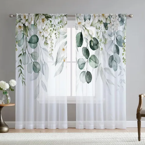 Miniatura 14 de Cortinas de hojas de eucalipto verdes para sala de estar de 63 pulgadas de largo, juego de 2 paneles elegantes de flores silvestres con estampado