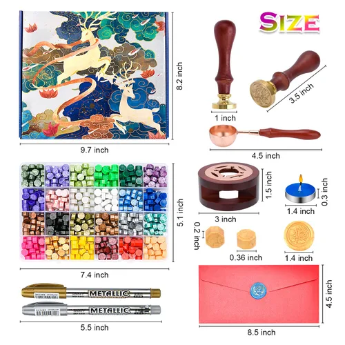 Miniatura 2 de Kit de sellos de cera – 630 cuentas de cera, caja de regalo, calentador, bolígrafos metálicos, sobres, juego de sellos para regalos y decoración