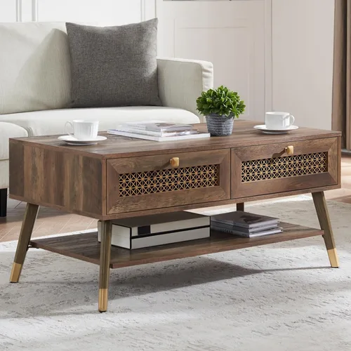 Miniatura 10 de Mesa de centro negra moderna de mediados de siglo con cajones de almacenamiento y estante abierto, mesa rectangular bohemia de madera maciza