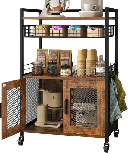 Miniatura 9 de Hencawima Gabinete de barra de café, mesa de estación de café de 3 niveles con ruedas, carrito de barra de 35.9 pulgadas de alto con cajón de cesta