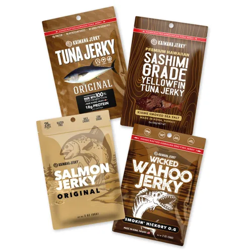 Miniatura 10 de Kaimana Jerky Ahi - Paquete de muestra de atún y salmón - Cecina de pescado totalmente natural y capturada en la naturaleza. Fabricado en Estados