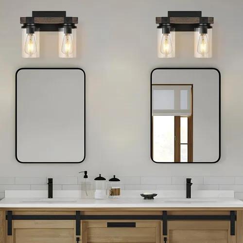 Miniatura 2 de Lámpara de Baño Estilo Granja de Madera Negra, Iluminación de Tocador de 2 Luces, Aplique de Pared de Madera, Accesorio de Pared Industrial Rústico