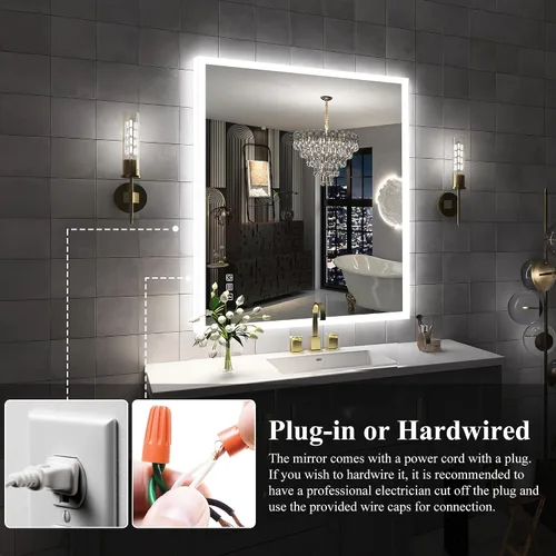 Miniatura 8 de SBAGNO - Espejo de baño LED con luces, 32 x 28 pulgadas, borde 3D, espejo de pared con Bluetooth, antivaho, atenuación continua, 3 colores, espejo