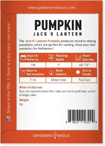 Miniatura 2 de Gardeners Basics, Semillas de calabaza para plantar (Jack O Lantern) reliquia, variedad de verduras sin OMG, 0.07 onzas de semillas ideales