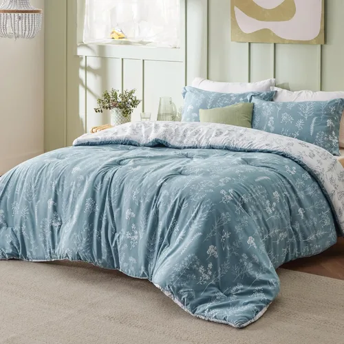 Miniatura 2 de Bedsure - Juego de edredón California King, juego de ropa de cama azul mineral, 3 piezas de ropa de cama floral bonita, 1 edredón reversible suave