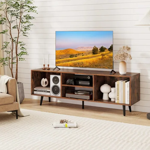 Giantex Moderno soporte de TV para televisores de hasta 55 pulgadas, centro de entretenimiento de TV con almacenamiento, estantes abiertos y 5 patas