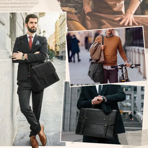 Miniatura 2 de RAINSMORE Bolsa de mensajero para hombre de 17 pulgadas, impermeable, de piel vintage, maletín para laptop, bolsa grande para laptop, cartera, bolsa