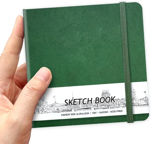 Miniatura 21 de Cuaderno de bocetos de bolsillo cuadrado de tapa dura de cuero PU de 5" x 5", 58 hojas de papel beige Dowling de 150 GSM, libro de bocetos de arte