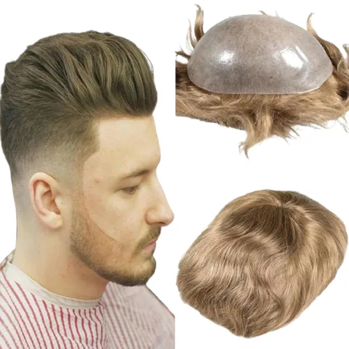 Miniatura 16 de Voloria Postizo humano virgen europeo para hombre tupé ultra transparente piel fina PU piezas de pelo de repuesto 10"x8" tamaño base #21 color rubio