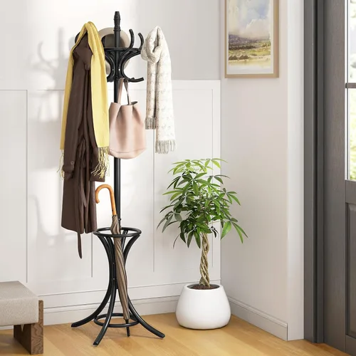 Miniatura 6 de Giantex Perchero de madera maciza, árbol de pasillo independiente con 12 ganchos, soporte para paraguas, soporte de entrada para abrigos, sombreros