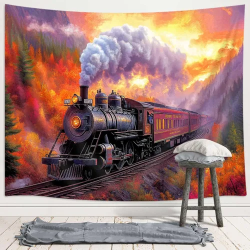 Miniatura 2 de Tapiz de Tren de Vapor, Tapices de Paisaje Otoñal de Tren de Motor Antiguo Decoración para Niños, Tapices de Arte de Acuarela de Bosque de Montaña