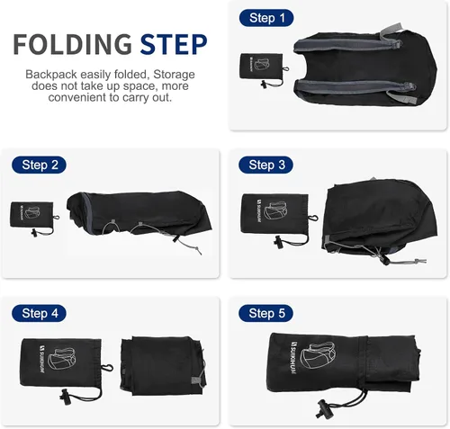 Miniatura 7 de Mochila plegable ligera para senderismo, 20 litros, para acampar, ciclismo, al aire libre, color negro