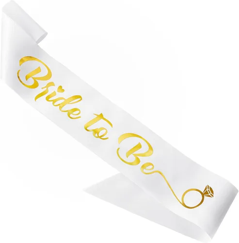 CORRURE Banda "Bride To Be" para despedida de soltera – Banda de satén blanco con letras de lámina dorada – Accesorios de decoración de despedida de