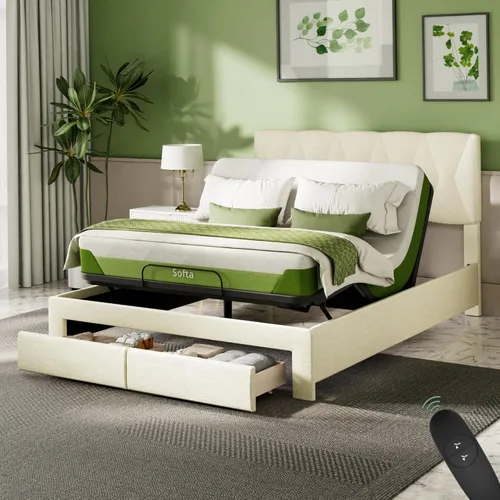 Estructura de cama Queen todo en uno ajustable de Softa con cabecera tapizada y 2 cajones de almacenamiento, cama eléctrica con control remoto y