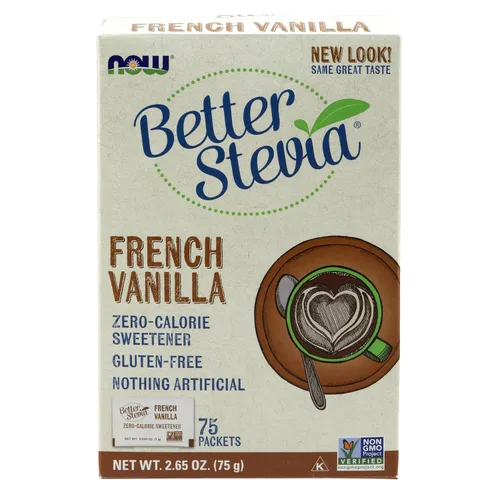 NOW Foods, BetterStevia - Paquetes granulados de vainilla francesa sin calorías, apto para diabéticos, sin eritritol, 75 unidades