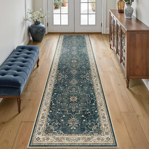Alfombra de pasillo profundo azul 2x8, alfombra de pasillo lavable antideslizante para entrada interior, alfombra de medallón vintage de 0.27 de