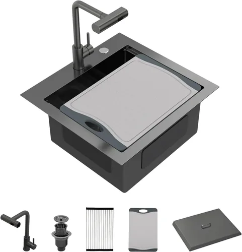 Miniatura 35 de Fregadero de cocina de 25 pulgadas, fregadero de un solo cuenco, color negro mate, calibre 18, 25 x 22 pulgadas, acero inoxidable, montaje superior