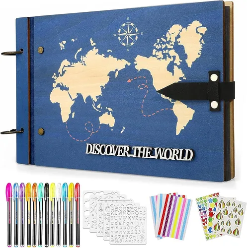 ZEEYUAN Regalo del Día del Padre de Esposa/Hija/Hijo Álbum de Libro de Recortes de Madera Mapa del Mundo Diario de Viaje Libro de Recortes Nuestro