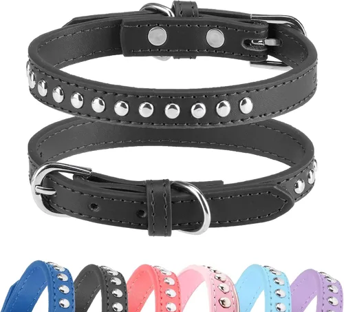 BINGPET Collar de cuero ajustable para perro, collar duradero con tachuelas, con hebilla de metal y anillo en D para perros pequeños, medianos y