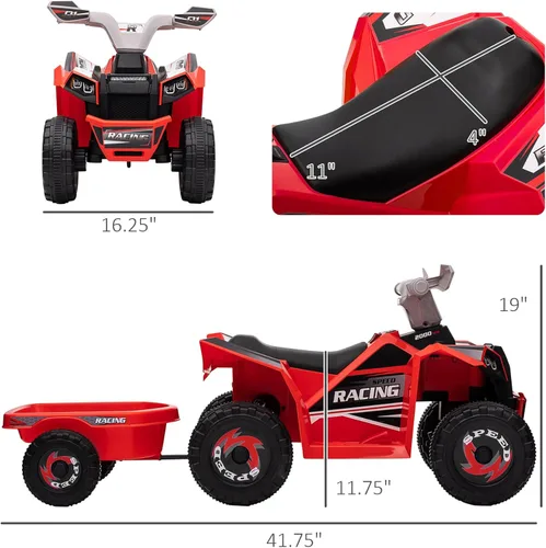 Miniatura 7 de Aosom Coche cuatrimoto para niños con remolque trasero, automóvil eléctrico de 6 V con función de avance hacia atrás, ruedas resistentes al Rojo