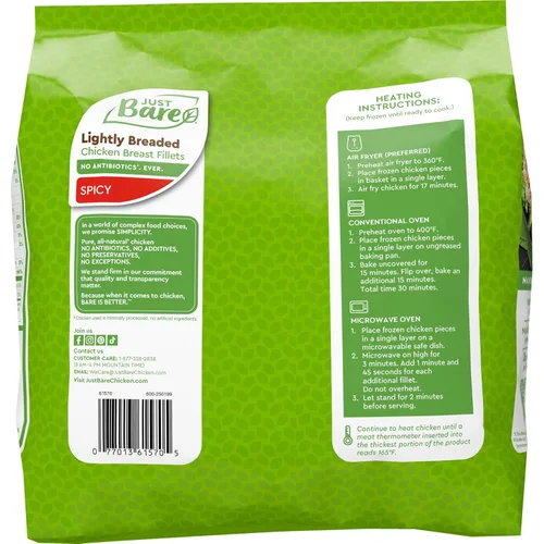 Miniatura 10 de Just BARE Filetes de pechuga de pollo ligeramente empanados y picantes Totalmente cocinados 22 G de proteína Congelados 1.50 LB