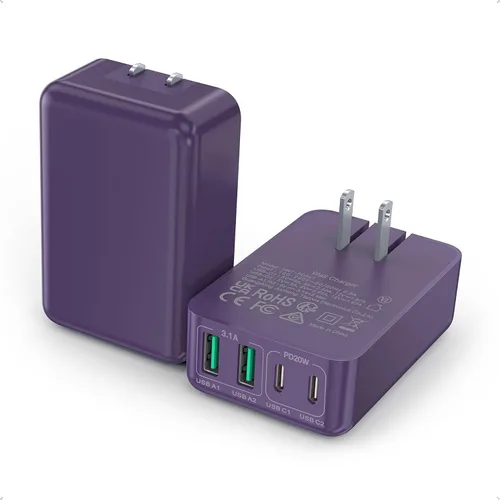 Miniatura 10 de Paquete de 2 bloques de carga USB C planos, 40 W, 4 puertos, cargador rápido de 20 W, bloque de carga tipo C, cargador de pared USB de 3.1 A, doble