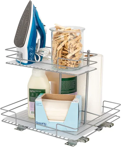Miniatura 12 de Household Essentials Organizador de despensa de dos niveles de acero blanco con detalles de plástico forrado limpio