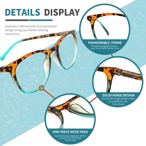 Miniatura 3 de Paquete de 4 gafas de lectura para mujeres y hombres, montura cuadrada con bloqueo de luz azul para computadora con bisagra de resorte, anti fatiga
