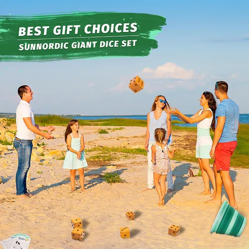 Miniatura 9 de SunNordic Juego de 6 dados gigantes de madera para patio, juego de Yardzee para césped al aire libre Jumbo con cubo y tarjeta de puntuación Farkle