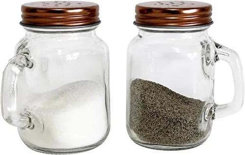 Mason Jar - Juego de saleros y pimenteros de 4 onzas con asas, tapas de tono cobre, estilo rústico, estilo granja, cocina, comedor